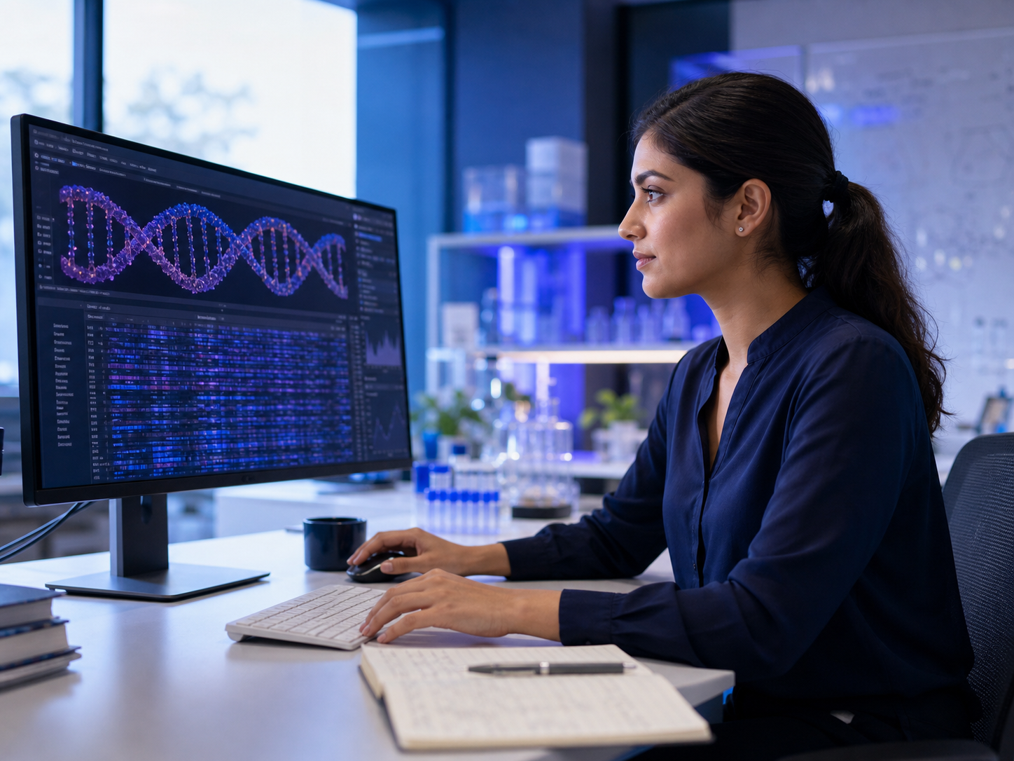 Bioinformatics researcher reviewing genomic sequencing data