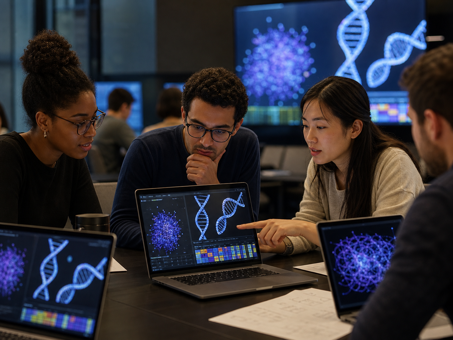 Researchers collaborating during a bioinformatics training session